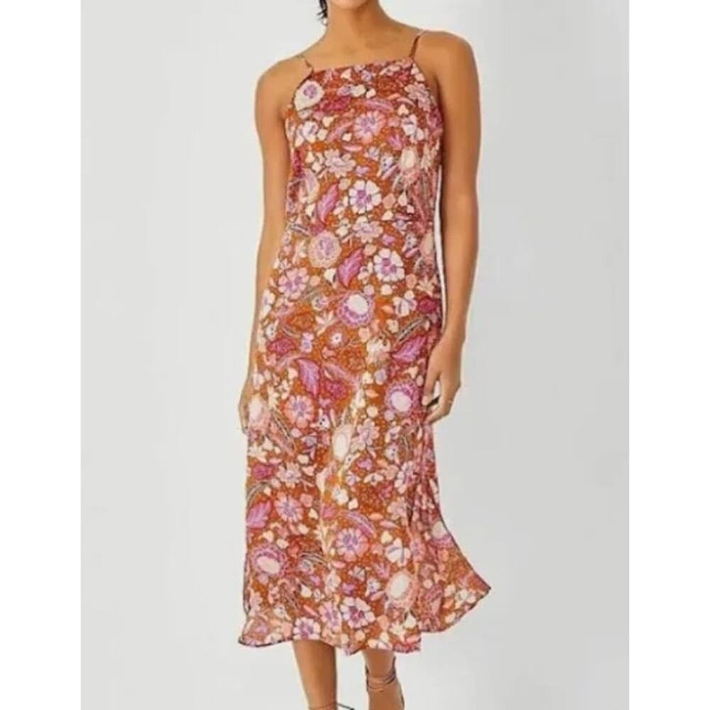 Ann Taylor Slip Dress Floral Square Neck Slinky Silky‎ Style Midi Maxi Boho